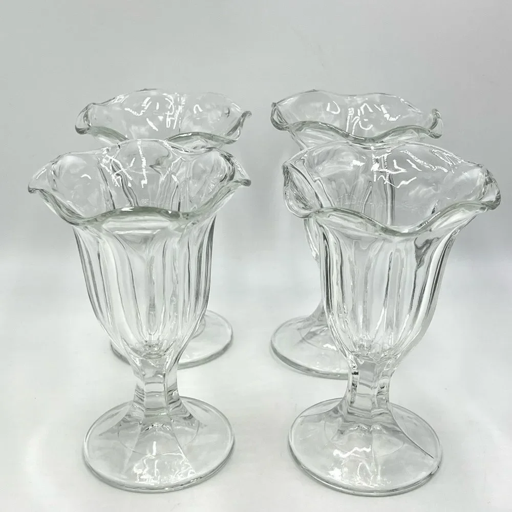 Four Vintage Clear‎ Pressed Glass Tall Footed Sundae Parfait Glasses Set of 4